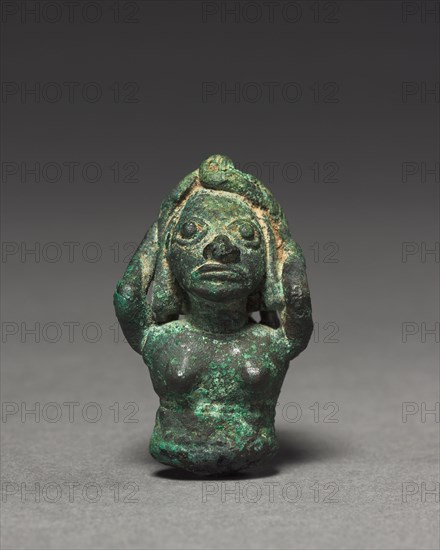 Woman with Water Jar, 400-1000. Peru, Mochica, 5th-10th Century. Bronze; overall: 4.2 x 3 x 3.6 cm (1 5/8 x 1 3/16 x 1 7/16 in.).