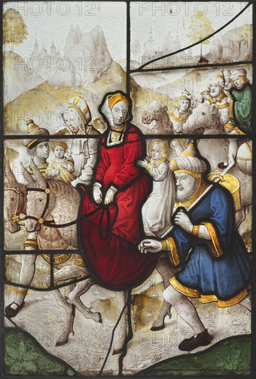 Jacob Returning to Canaan with Rachael and Leah Pursued by Laban, c. 1525. North Netherlands, 16th century. Pot-metal and white glass, and silver stain; overall: 71.1 x 50.3 cm (28 x 19 13/16 in.)