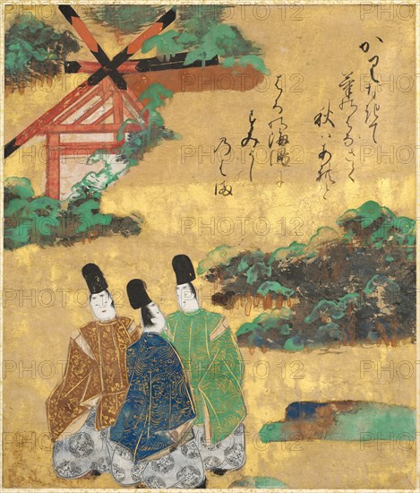The Beach at Sumiyoshi from the "Tales of Ise" ("Ise Monogatari"), 1600-1640. Tawaraya Sotatsu (Japanese, died c. 1640). Album leaf, ink, color, and gold on paper; image: 24.5 x 20.9 cm (9 5/8 x 8 1/4 in.); overall: 40.6 x 33.2 x 1.6 cm (16 x 13 1/16 x 5/8 in.).