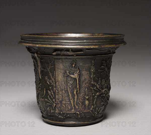 Mortar, c. 1550-1560. Workshop of Wenzel Jamnitzer I (German, 1508/09-1585), with plaquettes cast after models by Peter Flötner (German, 1485-1546). Bronze; overall: 12.4 x 14.6 cm (4 7/8 x 5 3/4 in.).