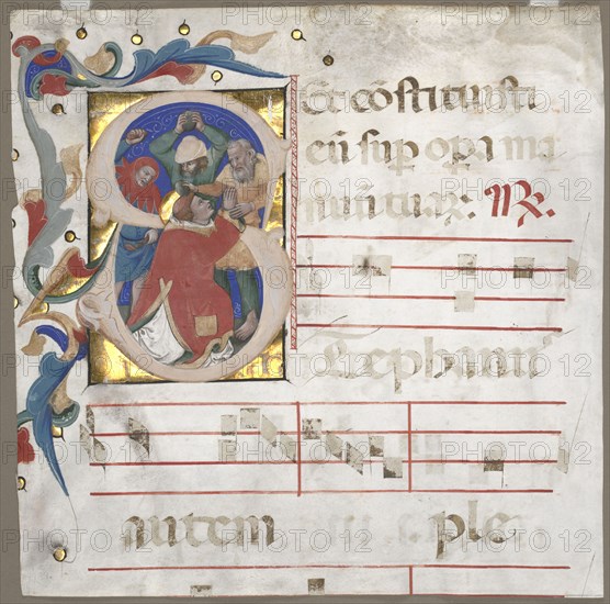 Fragment of an Antiphonary with Historiated Initial (S): The Stoning of St. Stephen, c. 1370-1372. Nicolò da Bologna (Italian, c. 1325-1403). Ink, tempera, and gold on parchment; sheet: 33 x 33 cm (13 x 13 in.)