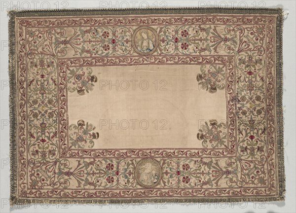 Chalice Cover (?), 1587. Italy, 16th century. Embroidery; silk and gold filé on linen; overall: 55 x 77.5 cm (21 5/8 x 30 1/2 in.)