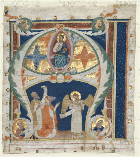Historiated Initial (A) Excised from a Gradual: Christ in Majesty with King David and Prophets, c. 1300-1340. Italy, Florence(?), 14th century. Ink, tempera, and gold on parchment; sheet: 28 x 24 cm (11 x 9 7/16 in.)