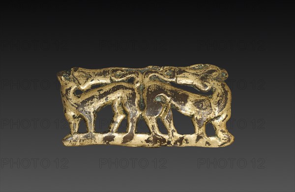 Belt Buckle with Animals, 202 BC-9. China, Ordos region, Western Han dynasty (202 BC-AD 9). Gilt bronze; overall: 6.1 x 11.8 cm (2 3/8 x 4 5/8 in.).