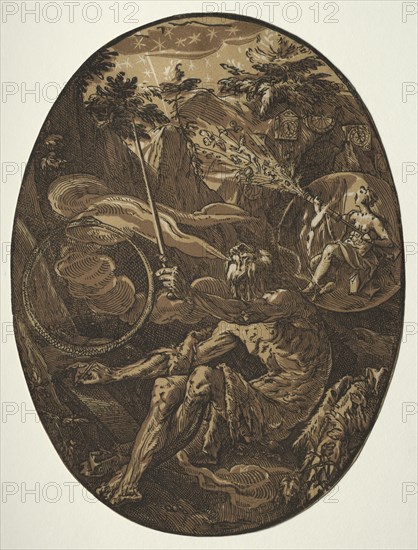 Demogorgon in the Cave of Eternity, c. 1588. Hendrick Goltzius (Dutch, 1558–1617). Chiaroscuro woodcut; overall: 34.9 x 26.2 cm (13 3/4 x 10 5/16 in.)