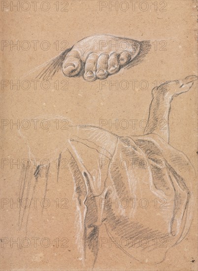 Verona Sketchbook: Study of a left foot and drapery study with right arm (page 79), 1760. Francesco Lorenzi (Italian, 1723-1787). Black chalk with white heightening ; sheet: 32 x 23 cm (12 5/8 x 9 1/16 in.).