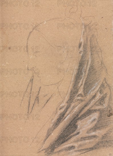 Verona Sketchbook: Female head with drapery  (page 81), 1760. Francesco Lorenzi (Italian, 1723-1787). Black chalk with white heightening ; sheet: 32 x 23 cm (12 5/8 x 9 1/16 in.).