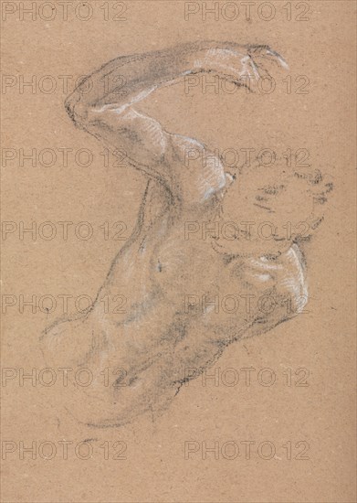 Verona Sketchbook :Male nude with upraised right arm (page 32), 1760. Francesco Lorenzi (Italian, 1723-1787). Black chalk with white heightening ; sheet: 32 x 23 cm (12 5/8 x 9 1/16 in.).