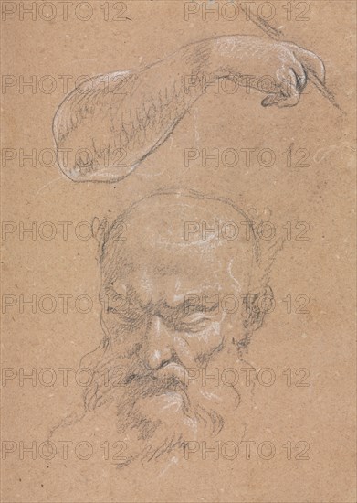 Verona Sketchbook: Head of a bearded man and right arm and hand (page 59), 1760. Francesco Lorenzi (Italian, 1723-1787). Black chalk with white heightening ; sheet: 32 x 23 cm (12 5/8 x 9 1/16 in.).