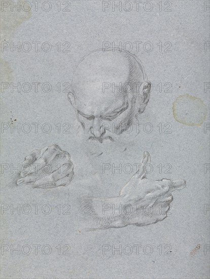 Verona Sketchbook: Head of a man with hands (page 8), 1760. Francesco Lorenzi (Italian, 1723-1787). Black chalk with white heightening ; sheet: 32 x 23 cm (12 5/8 x 9 1/16 in.).