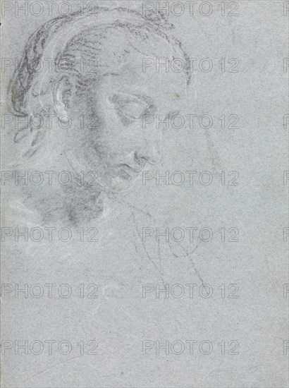 Verona Sketchbook: Head and shoulders of a woman (page 61), 1760. Francesco Lorenzi (Italian, 1723-1787). Black chalk with white heightening ; sheet: 32 x 23 cm (12 5/8 x 9 1/16 in.).