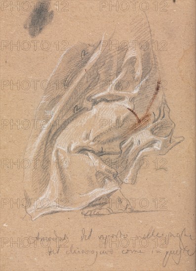Verona Sketchbook: Drapery study with foot and inscription (page 88) , 1760. Francesco Lorenzi (Italian, 1723-1787). Black chalk with white heightening ; sheet: 32 x 23 cm (12 5/8 x 9 1/16 in.).
