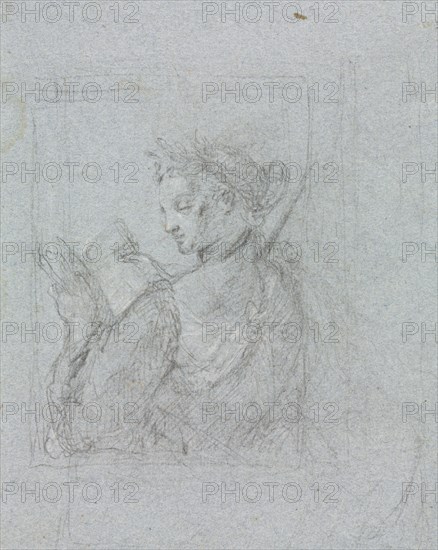 Verona Sketchbook: Female figure with open book (page 63), 1760. Francesco Lorenzi (Italian, 1723-1787). Black chalk with white heightening ; sheet: 32 x 23 cm (12 5/8 x 9 1/16 in.).