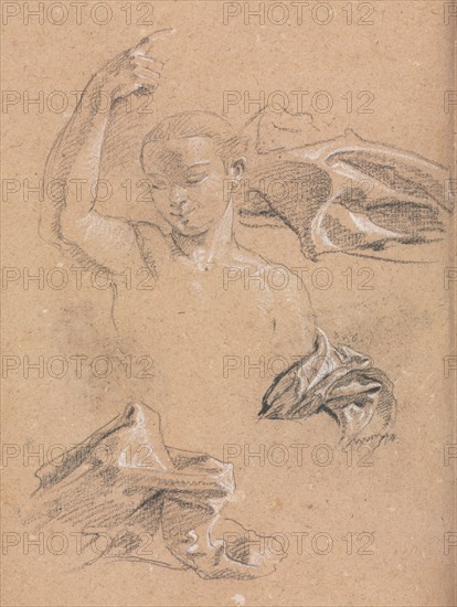 Verona Sketchbook: Figure with upraised right arm and drapery studies (page 68), 1760. Francesco Lorenzi (Italian, 1723-1787). Black chalk with white heightening ; sheet: 32 x 23 cm (12 5/8 x 9 1/16 in.).