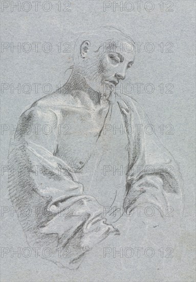 Verona Sketchbook: Male figure with drapery (page 71), 1760. Francesco Lorenzi (Italian, 1723-1787). Black chalk with white heightening; sheet: 32 x 23 cm (12 5/8 x 9 1/16 in.).