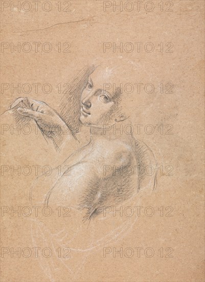 Verona Sketchbook: Female nude looking over left shoulder (page 74), 1760. Francesco Lorenzi (Italian, 1723-1787). Black chalk with white heightening ; sheet: 32 x 23 cm (12 5/8 x 9 1/16 in.).