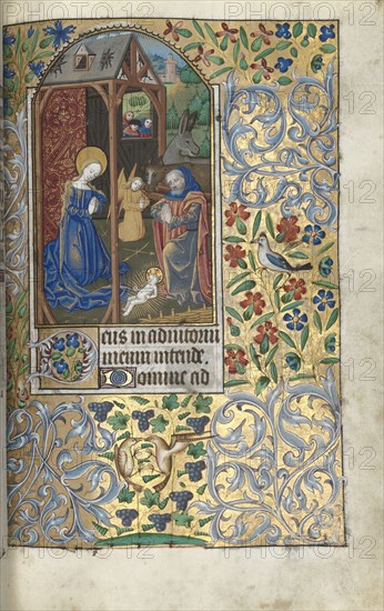 Book of Hours (Use of Rouen): fol. 56r, Adoration with Shepherds/Nativity, c. 1470. Master of the Geneva Latini (French, active Rouen, 1460-80). Ink, tempera, and gold on vellum; codex: 19.5 x 13.1 cm (7 11/16 x 5 3/16 in.).