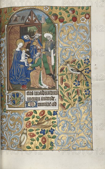 Book of Hours (Use of Rouen): fol. 64r, Adoration of the Magi, c. 1470. Master of the Geneva Latini (French, active Rouen, 1460-80). Ink, tempera, and gold on vellum; overall: 35.6 x 24.2 cm (14 x 9 1/2 in.); codex: 19.5 x 13.1 cm (7 11/16 x 5 3/16 in.)