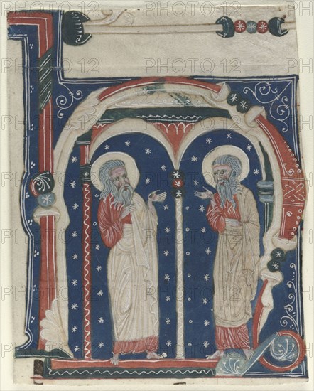 Historiated Initial (H) Excised from an Antiphonary: SS. Paul the Hermit and Anthony, c. 1200-1230. Italy, (Naples?), 13th century. Ink and tempera on parchment; sheet: 11 x 8 cm (4 5/16 x 3 1/8 in.)