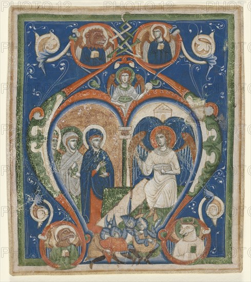 Initial A [ngelus Domini descendit] from an Antiphonary: The Three Marys at the Tomb, c. 1280-1300. Italy, Siena, 13th century. Ink, tempera, and gold on parchment; sheet: 18 x 15.8 cm (7 1/16 x 6 1/4 in.)