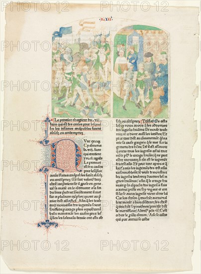 Opening Pages from Valerius Maximus's Facta et dicta memorabilia, c. 1476. Flanders, 15th century. Pen and brown ink, watercolor, and gouache; framing lines in brown ink (around image), with letterpress text; sheet: 38.4 x 28.2 cm (15 1/8 x 11 1/8 in.).