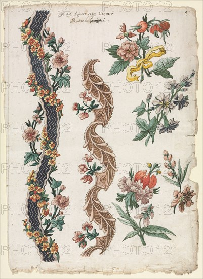 Floral Designs and Floral Bands, 1784. Giacomo Cavenezia (Italian). Pen and brown ink, brush and brown and black wash, watercolor and gouache; sheet: 31.7 x 22.8 cm (12 1/2 x 9 in.).