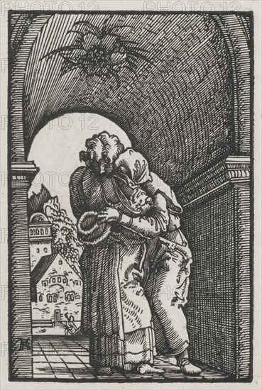 The Fall and Redemption of Man:  The Embrace of Joachim and Anne at the Golden Gate, c. 1513. Albrecht Altdorfer (German, c. 1480-1538). Woodcut
