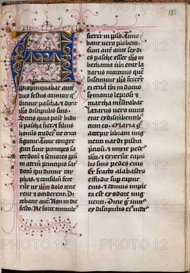 Gospel Book with Evangelist Portraits: Decorated Initial, c. 1480. Hausbuch Master (German). Ink, tempera, and gold on vellum; original blind stamped leather binding; codex: 23.7 x 18.4 x 5.4 cm (9 5/16 x 7 1/4 x 2 1/8 in.)