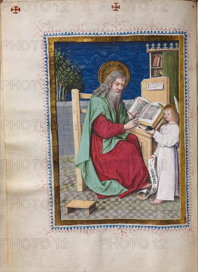 Gospel Book with Evangelist Portraits: Saint Matthew, c. 1480. Hausbuch Master (German). Ink, tempera, and gold on vellum; original blind stamped leather binding; codex: 23.7 x 18.4 x 5.4 cm (9 5/16 x 7 1/4 x 2 1/8 in.)