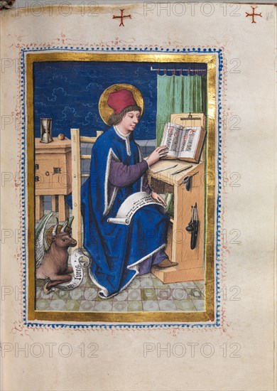 Gospel Book with Evangelist Portraits: Saint Luke, 1480-1500. Hausbuch Master (German). Ink, tempera, and gold on vellum; original blind stamped leather binding; codex: 23 x 17 cm (9 1/16 x 6 11/16 in.)