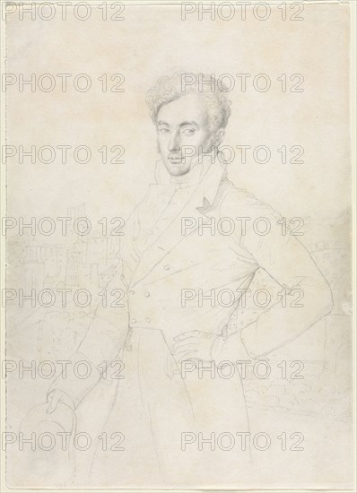 Portrait of a Young Man Standing on the Quirinal with the Turris Comitum in the Background, 1800s. Follower of Jean-Auguste-Dominique Ingres (French, 1780-1867). Graphite; sheet: 29.7 x 21.5 cm (11 11/16 x 8 7/16 in.).