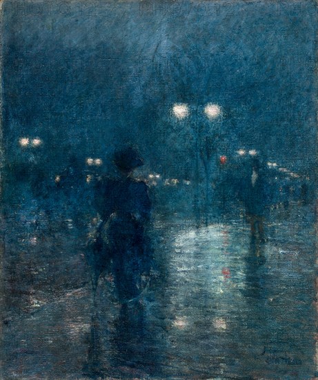 Fifth Avenue Nocturne, c. 1895. Childe Hassam (American, 1859-1935). Oil on canvas; framed: 75.6 x 66 x 7.6 cm (29 3/4 x 26 x 3 in.); unframed: 61.2 x 51 cm (24 1/8 x 20 1/16 in.).