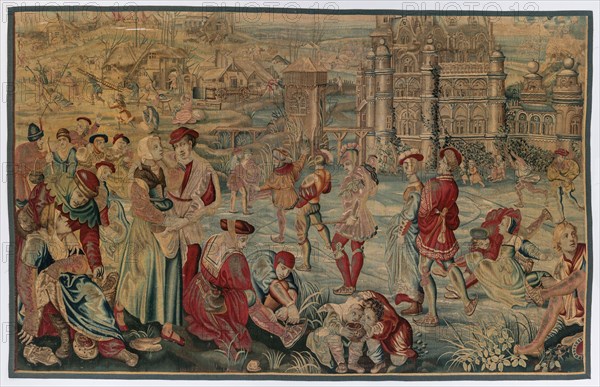 Winter: Skating Scene (From Set of Four Seasons), late 1600s - early 1700s. Gobelins (French). Tapestry weave: wool, silk, and gold filé; overall: 246.4 x 387.7 cm (97 x 152 5/8 in.)