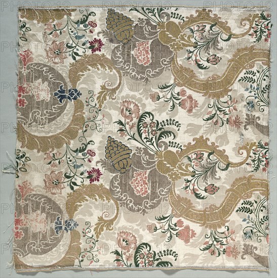 Lengths of Silk Textile, 1700s. Italy, 18th century. Damask, brocaded; silk and metal; overall: 80 x 55.7 cm (31 1/2 x 21 15/16 in.)