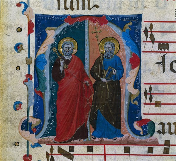 Leaf from a Gradual with Historiated Initial (M): SS. Peter and Andrew, c. 1320-1340. Master of Isaac and Esau (Italian). Ink, tempera, and gold on parchment; sheet: 54.5 x 37.5 cm (21 7/16 x 14 3/4 in.)
