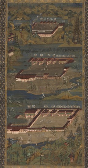 The Three Sacred Shrines at Kumano: Kumano Mandala, c. 1300. Japan, Kamakura period (1185-1333). Hanging scroll; ink and color on silk; image: 134 x 62 cm (52 3/4 x 24 7/16 in.); overall: 217.2 x 80 cm (85 1/2 x 31 1/2 in.).