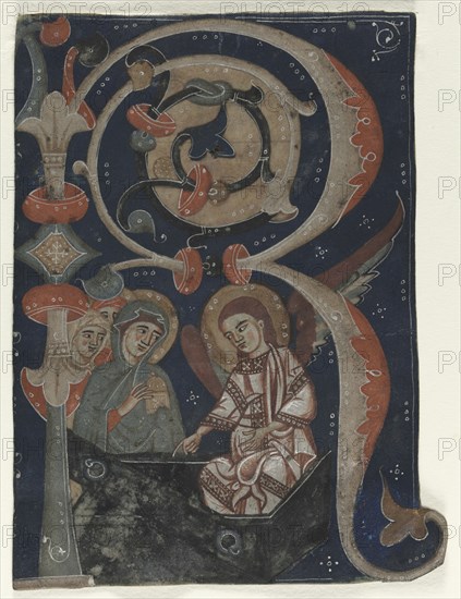 Historiated Initial (R) Excised from a Gradual: The Three Marys at the Tomb, c. 1200-1230. Italy, 13th century. Ink, tempera, and gold on parchment; sheet: 11 x 8 cm (4 5/16 x 3 1/8 in.)