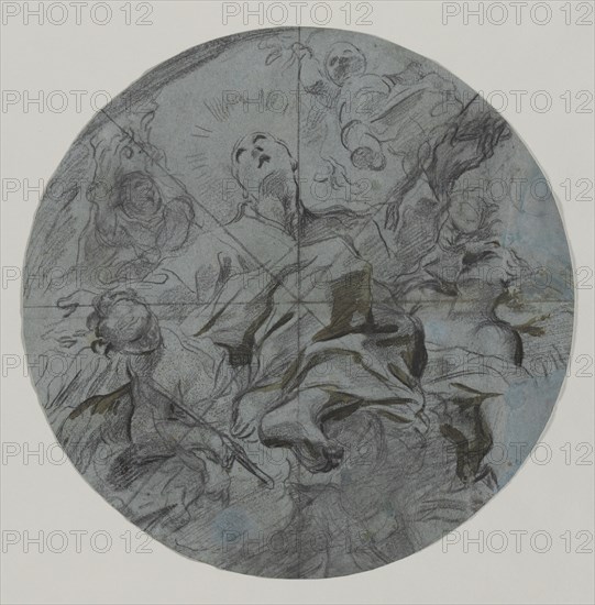 Apotheosis of a Saint (recto); Architectural Sketch(?) (verso), second half 17th century. Giovanni Battista Benaschi (Italian, 1636-1688). Black chalk with brush and brown wash; divided into eighths with ruled black chalk; sheet: 35.3 x 35.3 cm (13 7/8 x 13 7/8 in.).