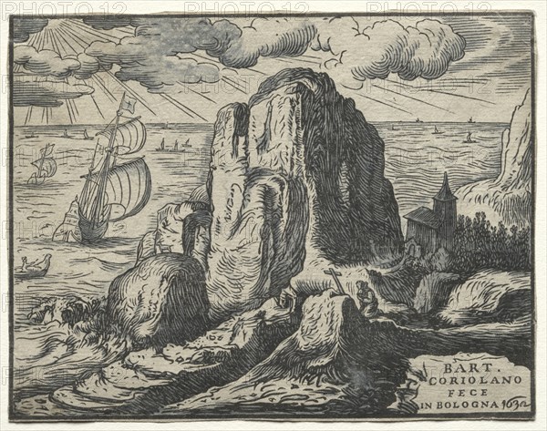 Set of 4 Landscapes:  No. 4 - Cliff on the Seashore. Hendrick Goltzius (Dutch, 1558–1617). Chiaroscuro woodcut