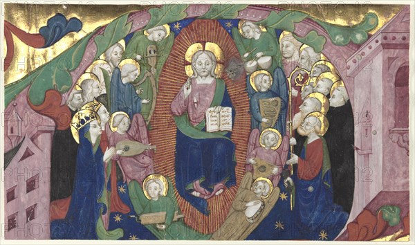 Fragment of a Historiated Initial from a Choir Book: Christ in Majesty, c. 1400. Attributed to Michelino Molinari da Besozzo (Italian, c. 1385-1445). Ink, tempera, and gold on parchment; sheet: 8 x 15 cm (3 1/8 x 5 7/8 in.)