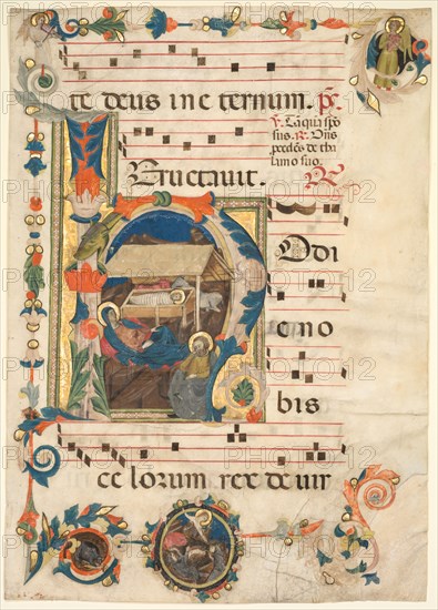 Leaf from an Antiphonary with Historiated Initial (H) with The Nativity (recto), early 14th Century. Italy, Tuscany, 14th century. Ink, tempera, and gold on parchment; sheet: 53 x 38 cm (20 7/8 x 14 15/16 in.)