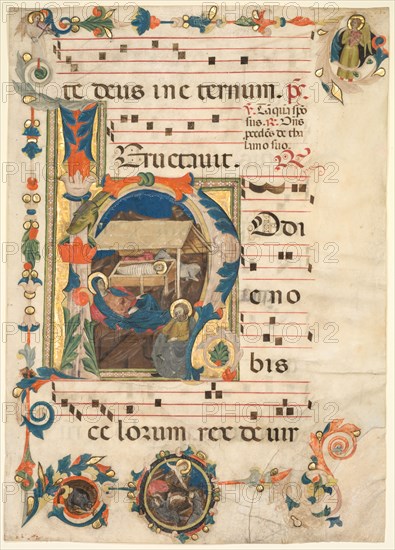 Leaf from an Antiphonary with Historiated Initial (H) with The Nativity (recto) and Music (verso), early 14th Century. Italy, Tuscany, 14th century. Ink, tempera, and gold on parchment; sheet: 53 x 38 cm (20 7/8 x 14 15/16 in.)
