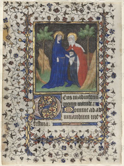 Leaf from a Book of Hours: The Visitation, c. 1415. Workshop of Boucicaut Master (French, Paris, active about 1410-25). Ink, tempera, and gold on vellum; sheet: 17 x 12.7 cm (6 11/16 x 5 in.)