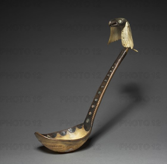 Ladle, late 1800s. Northwest Coast, Tlingit, 19th century. Horn, bone, copper, abalone shell inlay; overall: 13 cm (5 1/8 in.).