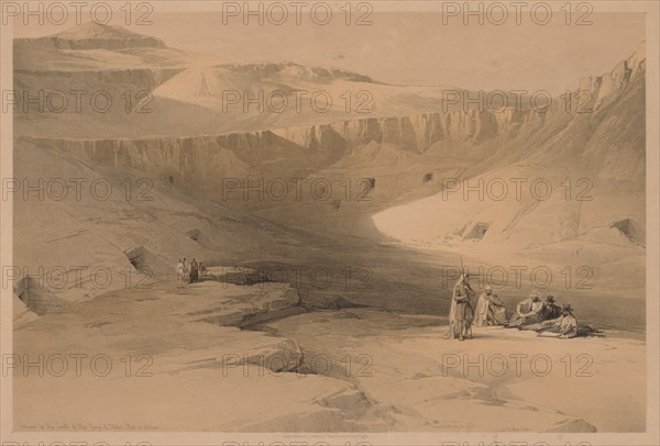 Egypt and Nubia:  Volume II - No. 34, Entrance to the Tombs of the Kings of Thebes, Biban-el-molook, 1838. Louis Haghe (British, 1806-1885). Color lithograph