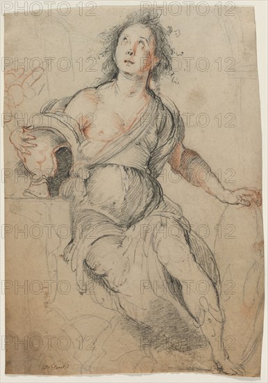 Allegorical Figure, c. 1635. Bernardo Strozzi (Italian, 1581?-1644). Black chalk with red chalk ; sheet: 37.3 x 26.2 cm (14 11/16 x 10 5/16 in.).