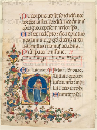 Single Leaf Excised from a Choir Psalter: Initial E[xultate Deo] with King David Playing the Lute (Psalm 80), c. 1408. Italy, Bologna, 15th century. Ink, tempera, and gold on vellum; sheet: 56.5 x 41.9 cm (22 1/4 x 16 1/2 in.).