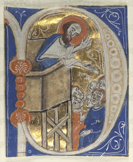 Historiated Initial Excised from a Bible: St. Paul Preaching, 1200s. Italy, 13th century. Tempera and gold on parchment; sheet: 5.2 x 4.2 cm (2 1/16 x 1 5/8 in.)