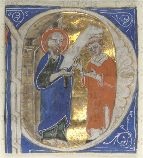 Historiated Initial Excised from a Bible: St. Paul and a Cleric, 1200s. Italy, 13th century. Tempera and gold on parchment; sheet: 5 x 4.2 cm (1 15/16 x 1 5/8 in.)