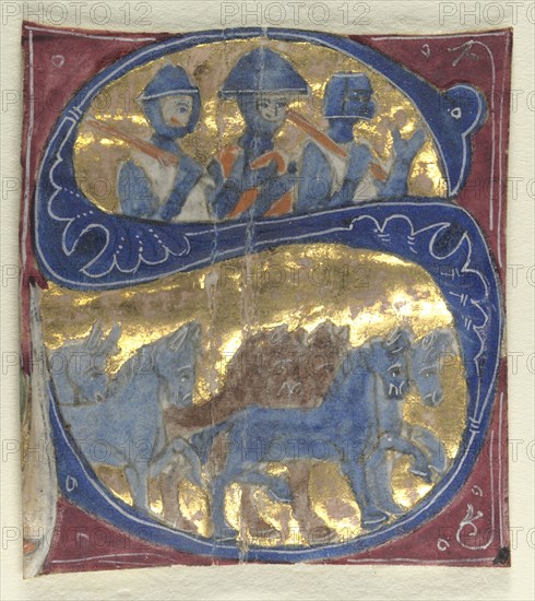 Historiated Initial (S) Excised from a Bible: Soldiers and Horses, 1200s. Italy, 13th century. Tempera and gold on parchment; sheet: 4.7 x 4.2 cm (1 7/8 x 1 5/8 in.)